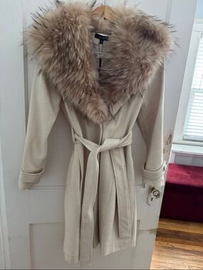 Cream Wool Blend Coat with Faux Fur Collar